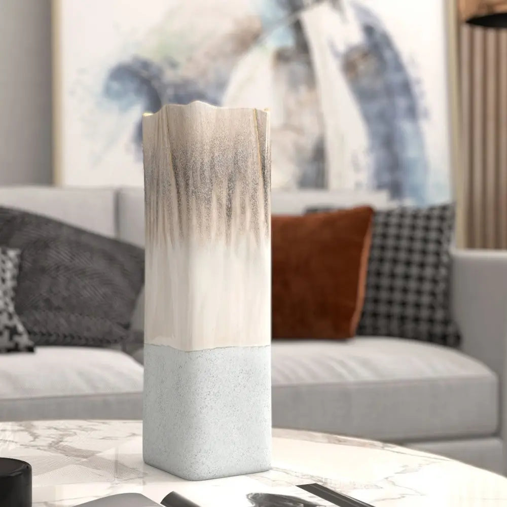 16" Brown Light Blue And Off White Color Block Square Ceramic Table Vase - NOBLE HOME INTERIORS