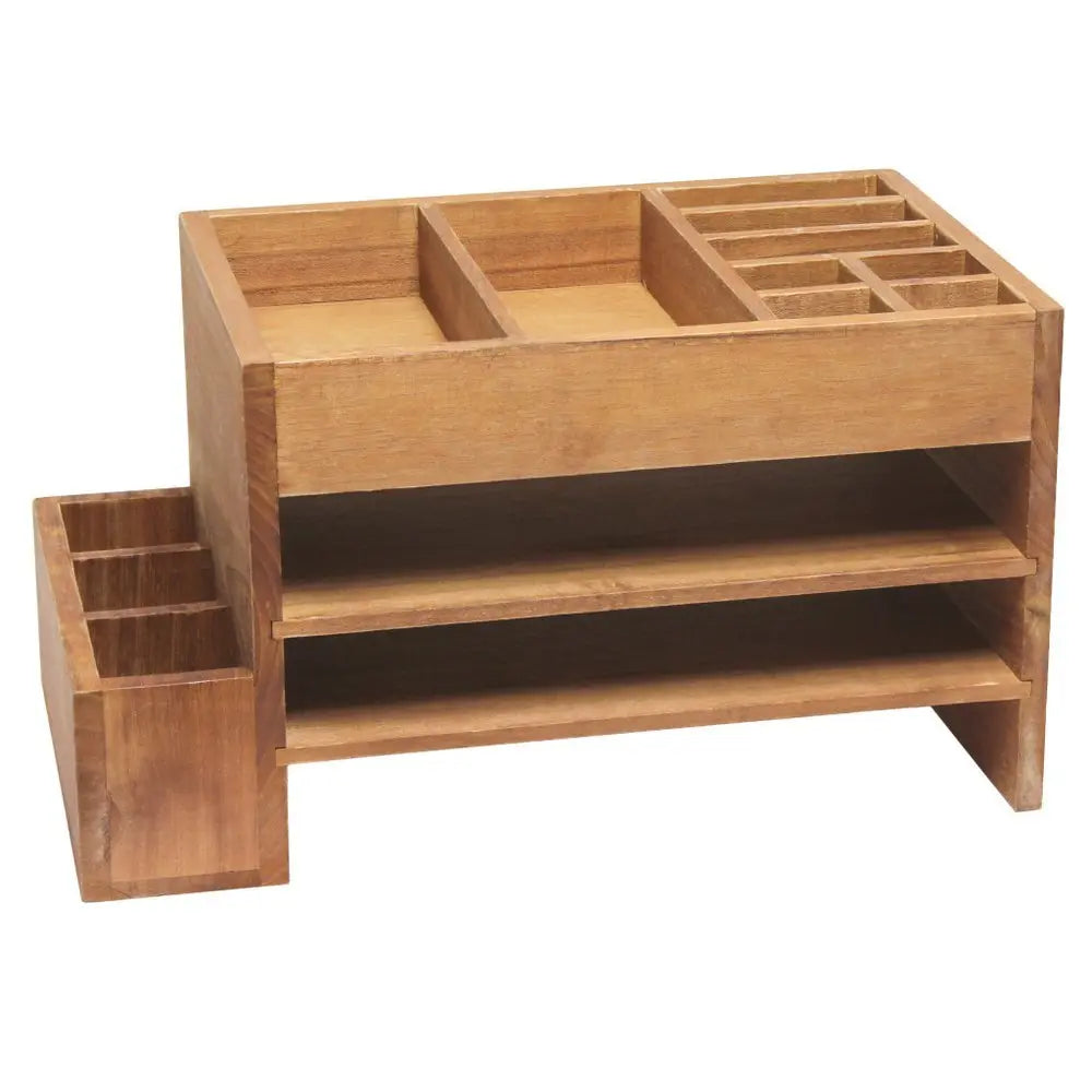 16" Brown Wood Desk Organizer - NOBLE HOME INTERIORS