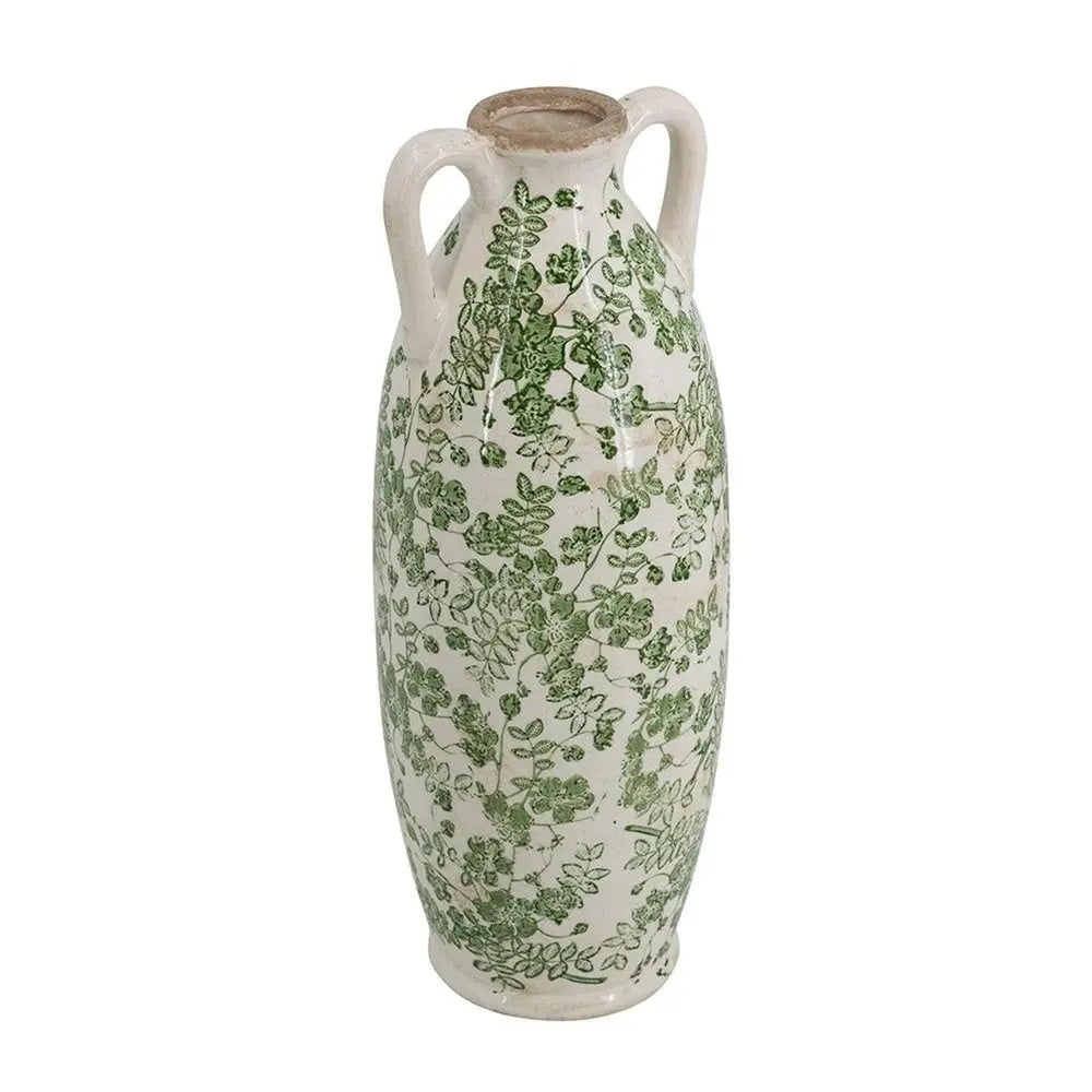 16" Green and White Leaf Amphora Ceramic Table Vase With Does Not Apply - NOBLE HOME INTERIORS