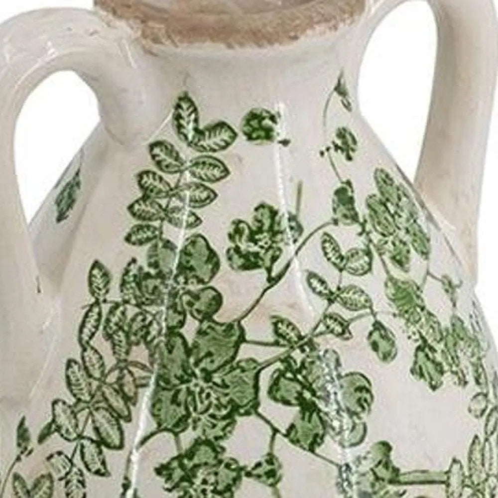 16" Green and White Leaf Amphora Ceramic Table Vase With Does Not Apply - NOBLE HOME INTERIORS