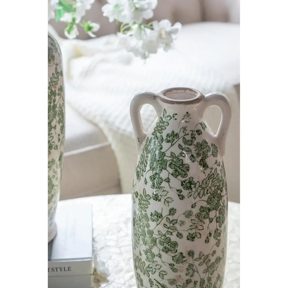 16" Green and White Leaf Amphora Ceramic Table Vase With Does Not Apply - NOBLE HOME INTERIORS