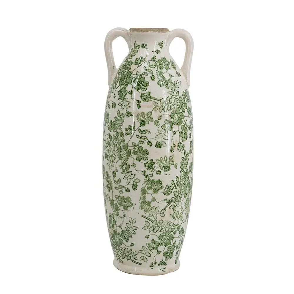 16" Green and White Leaf Amphora Ceramic Table Vase With Does Not Apply - NOBLE HOME INTERIORS