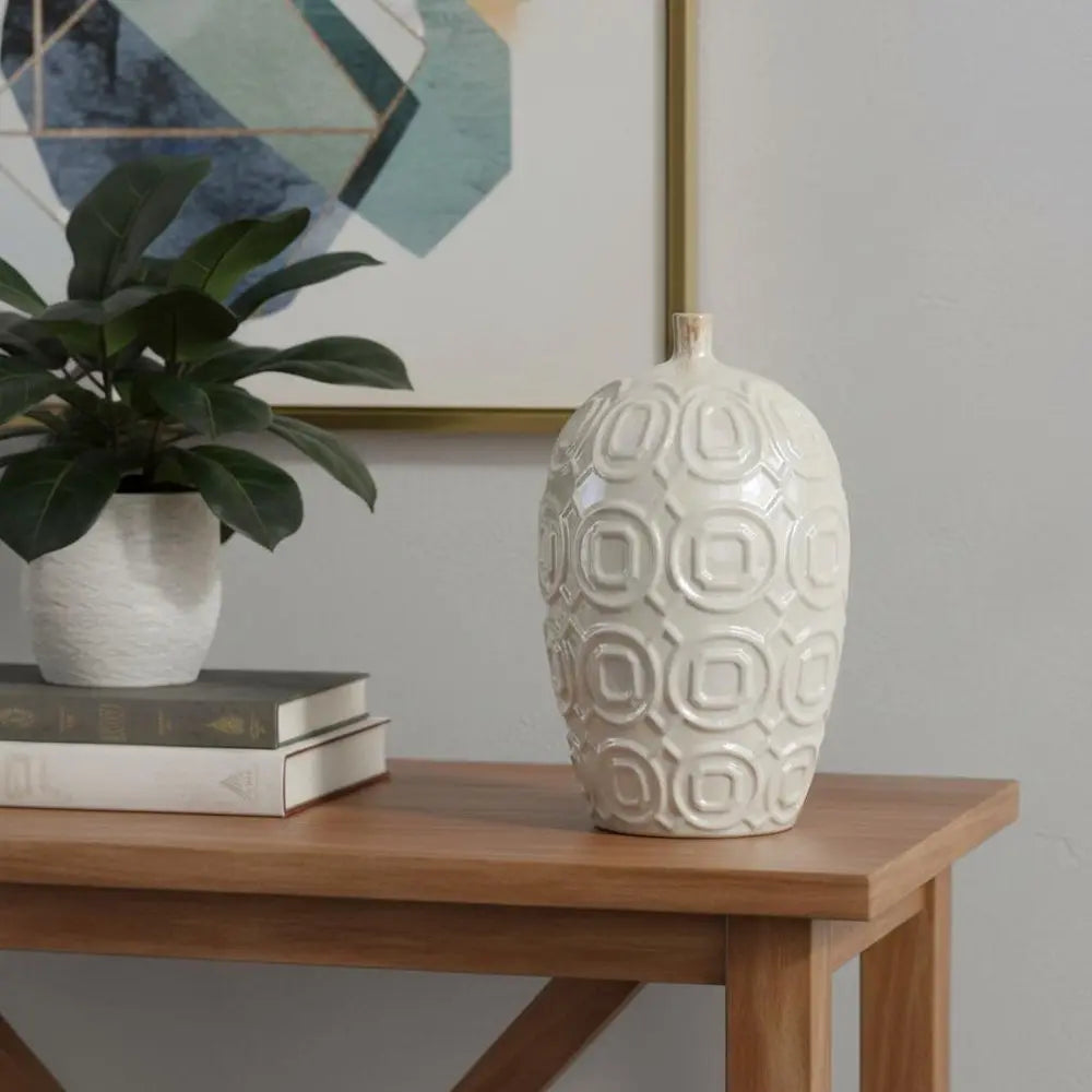 16" Ivory Geometric Bud Ceramic Table Vase - NOBLE HOME INTERIORS