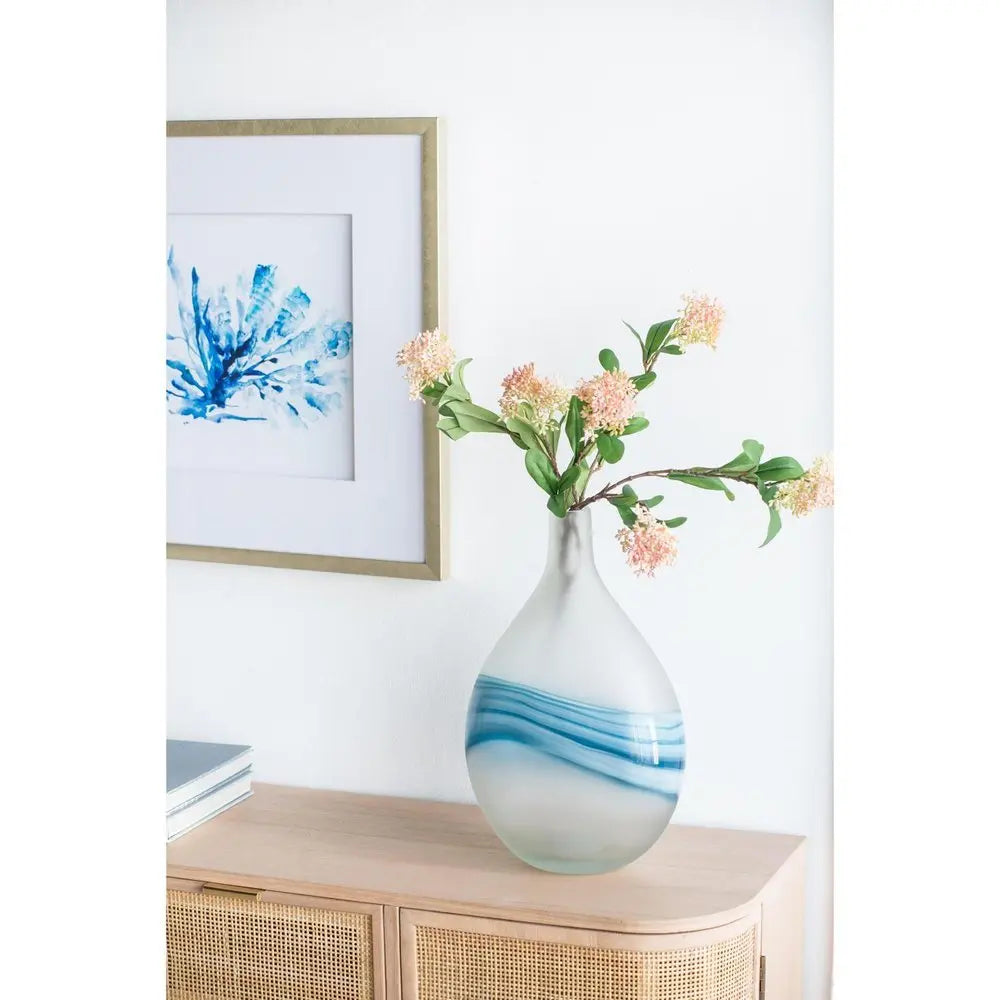 16" White And Blue Swirl Art Glass Table Vase - NOBLE HOME INTERIORS