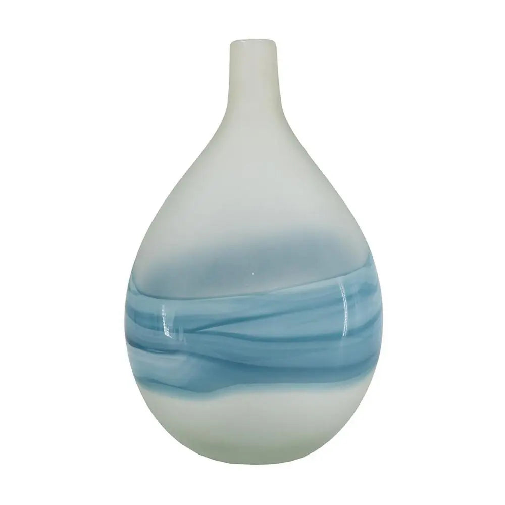16" White And Blue Swirl Art Glass Table Vase - NOBLE HOME INTERIORS