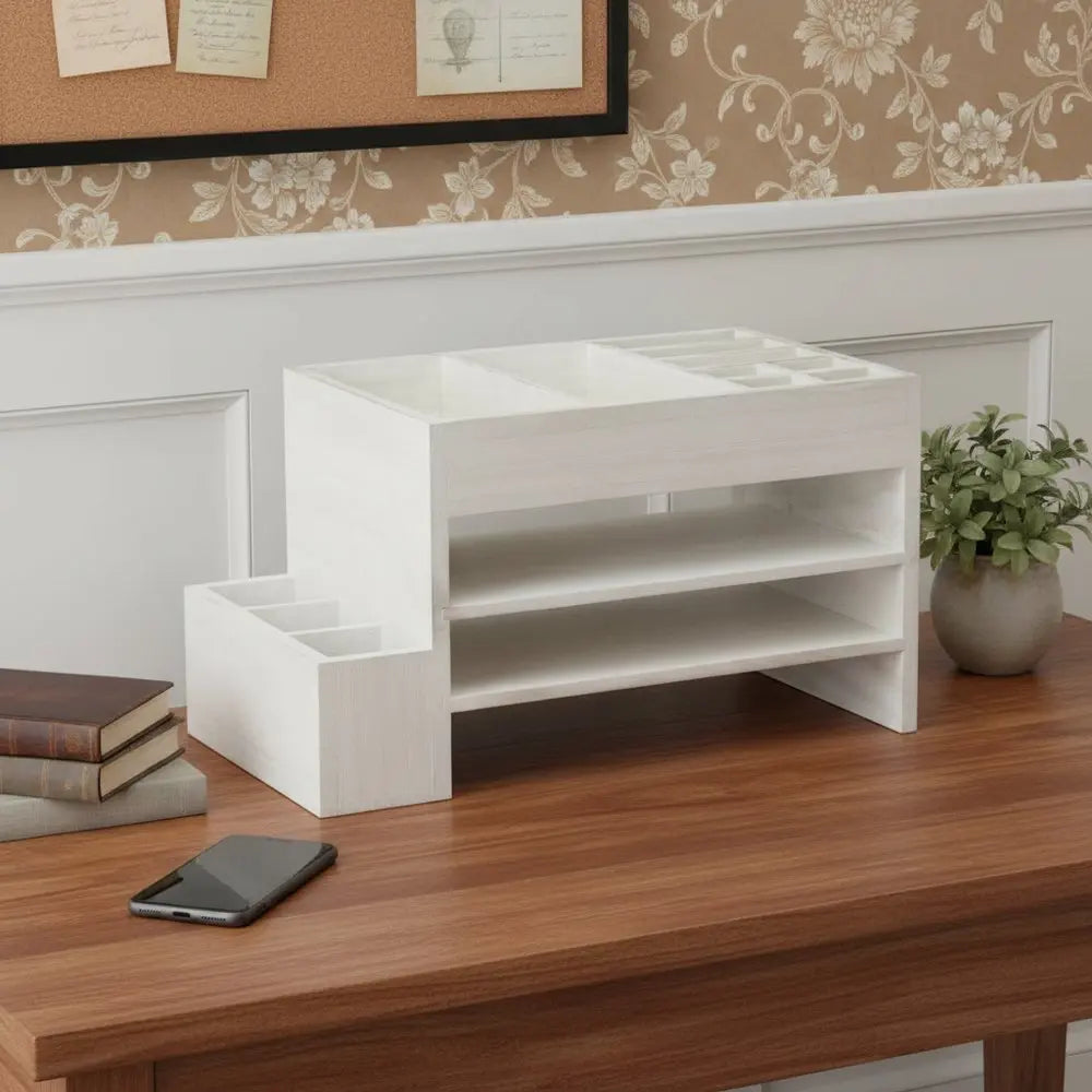 16" White Wood Desk Organizer - NOBLE HOME INTERIORS