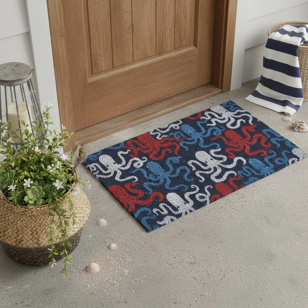 16" X 30" Blue Red And White Octopus Indoor Coir Door Mat - NOVA HOME FURNITURE