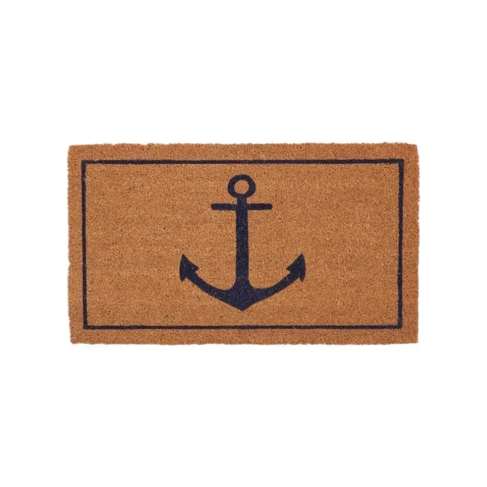 16" X 30" Light Brown And Navy Blue Anchor Indoor Coir Door Mat - NOVA HOME FURNITURE