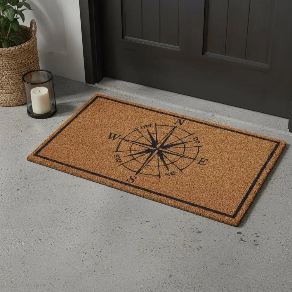 16" X 30" Light Brown And Navy Blue Compass Indoor Coir Door Mat - NOVA HOME FURNITURE