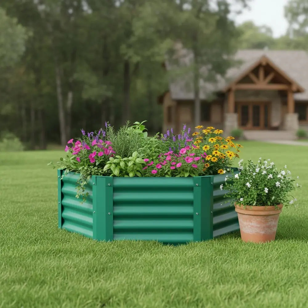 16" X 41" Green Steel Hexagon Planter Box - NOBLE HOME INTERIORS
