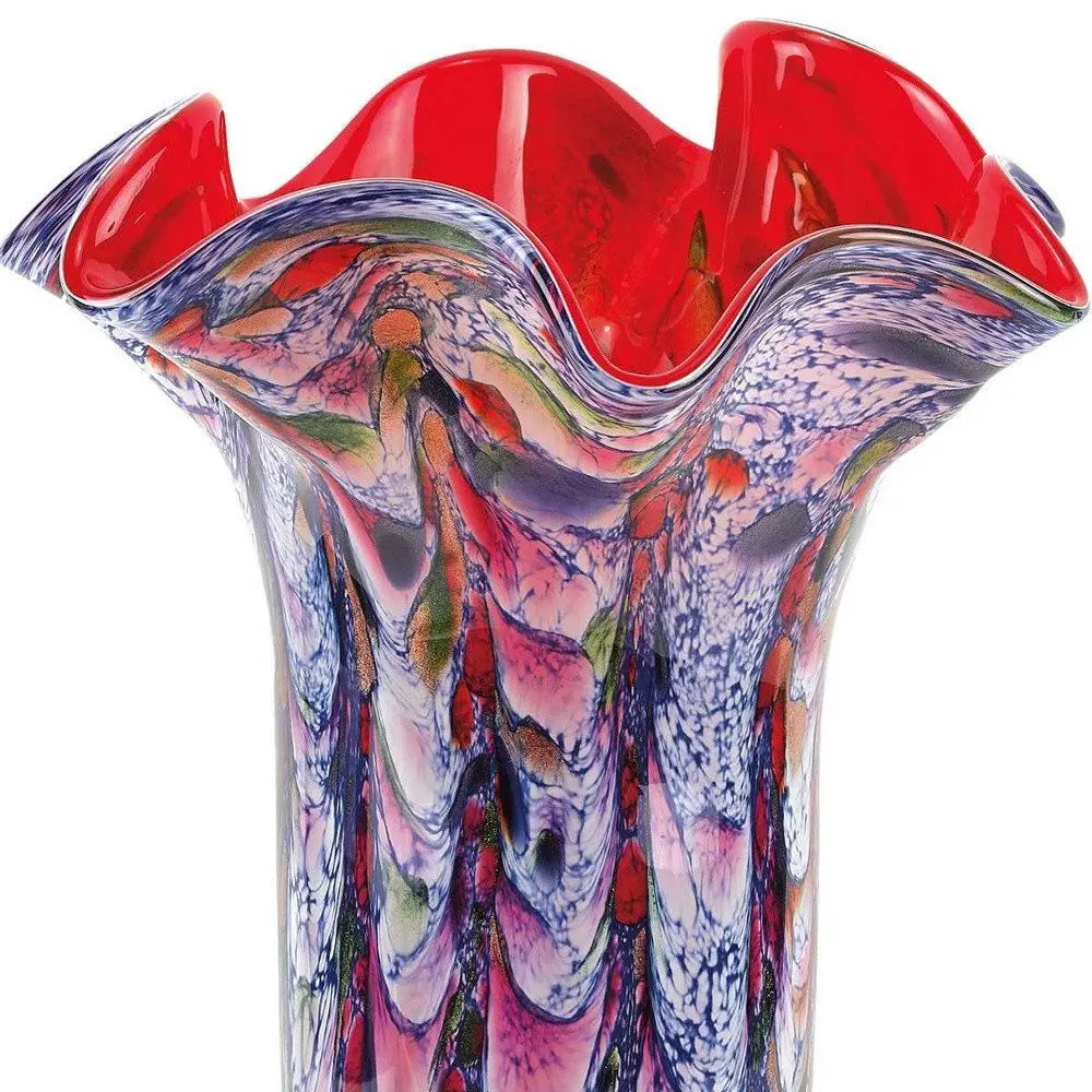 17" Blue Red And White Abstract Wavy Murano Glass Table Vase - NOBLE HOME INTERIORS