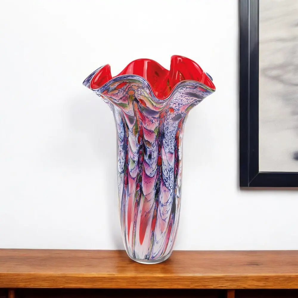 17" Blue Red And White Abstract Wavy Murano Glass Table Vase - NOBLE HOME INTERIORS