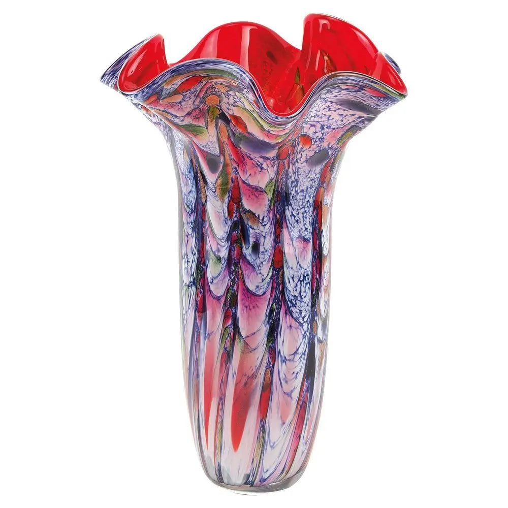17" Blue Red And White Abstract Wavy Murano Glass Table Vase - NOBLE HOME INTERIORS