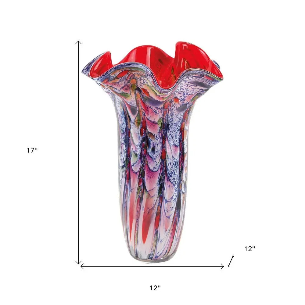 17" Blue Red And White Abstract Wavy Murano Glass Table Vase - NOBLE HOME INTERIORS
