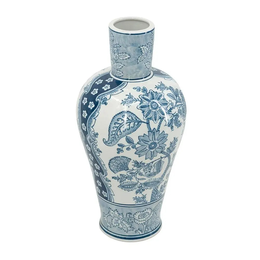 17" Light Blue And White Floral Round Porcelain Table Vase - NOBLE HOME INTERIORS