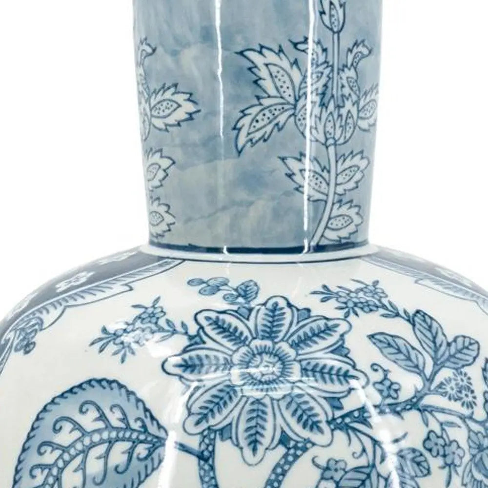17" Light Blue And White Floral Round Porcelain Table Vase - NOBLE HOME INTERIORS