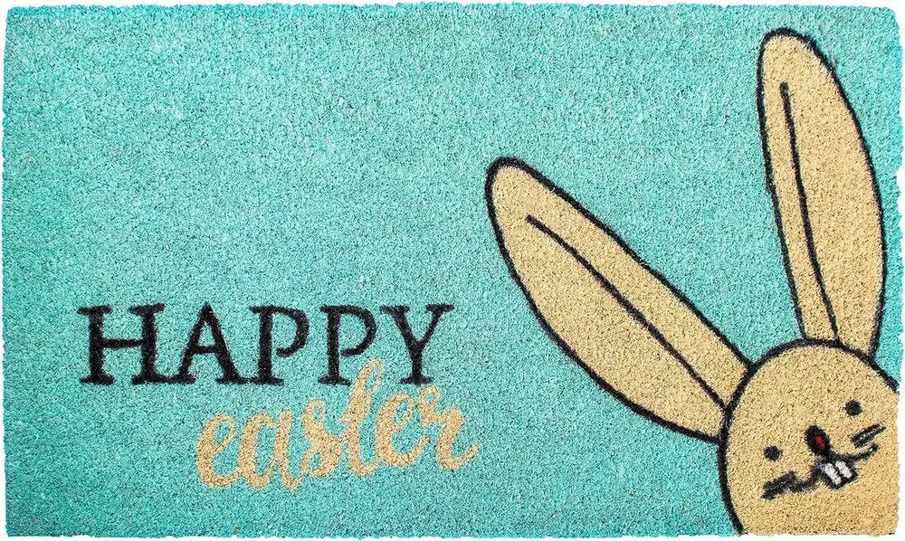 17" X 29" Aqua and Natural Coir Happy Easter Outdoor Easter Door Mat - NOBLE HOME INTERIORS