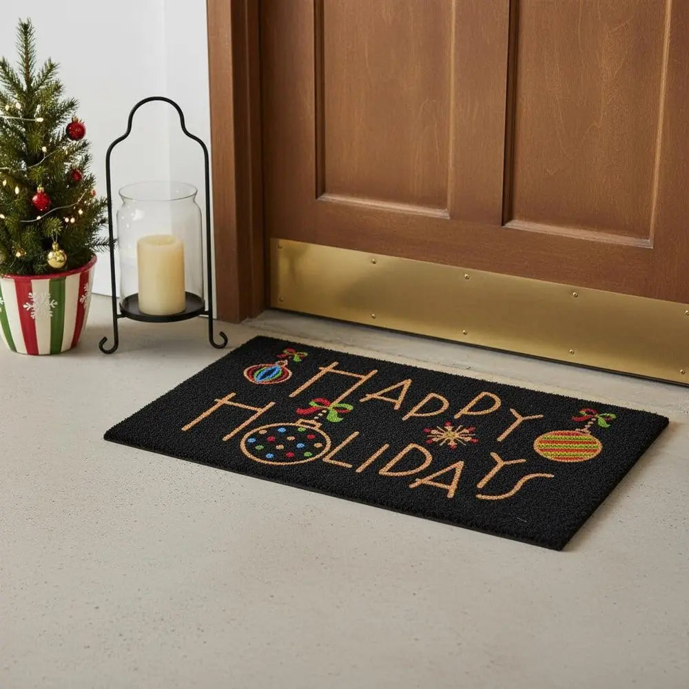 17" X 29" Black And Brown Christmas Happy Holidays Outdoor Coir Door Mat - NOVA HOME FURNITURE