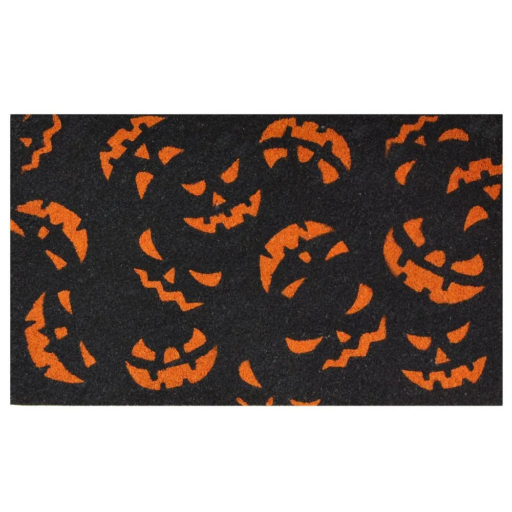 17" X 29" Black and Orange Coir Jackolantern Outdoor Halloween Door Mat - NOBLE HOME INTERIORS