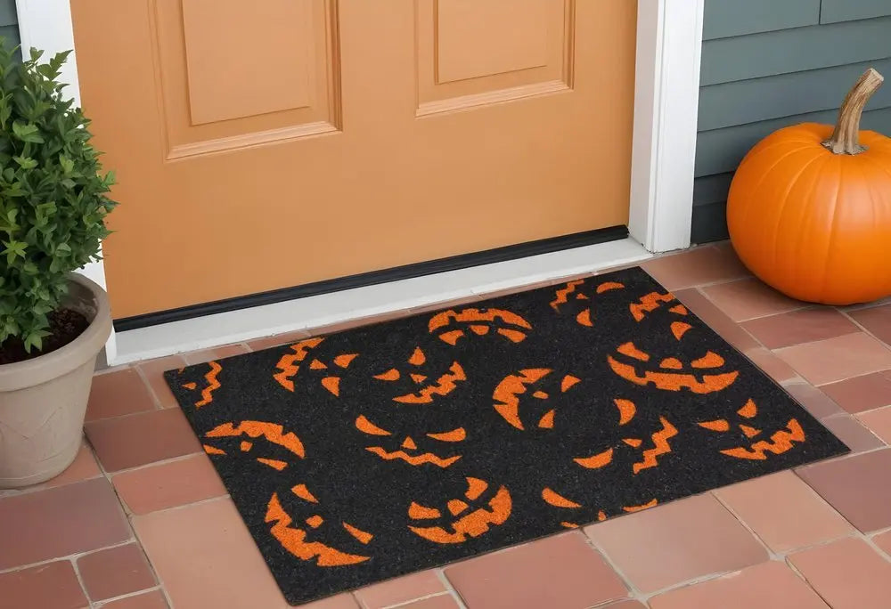 17" X 29" Black and Orange Coir Jackolantern Outdoor Halloween Door Mat - NOBLE HOME INTERIORS