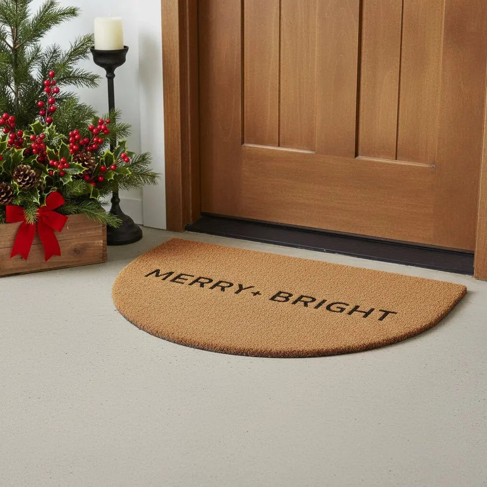 17" X 29" Brown And Black Christmas Merry and Bright Outdoor Coir Door Mat - NOVA HOME FURNITURE