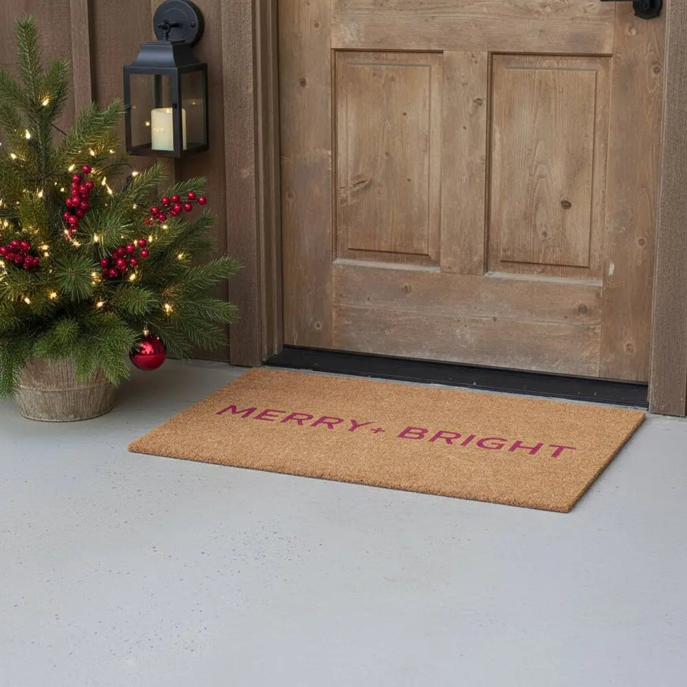 17" X 29" Brown And Black Christmas Merry and Bright Outdoor Coir Door Mat - NOVA HOME FURNITURE