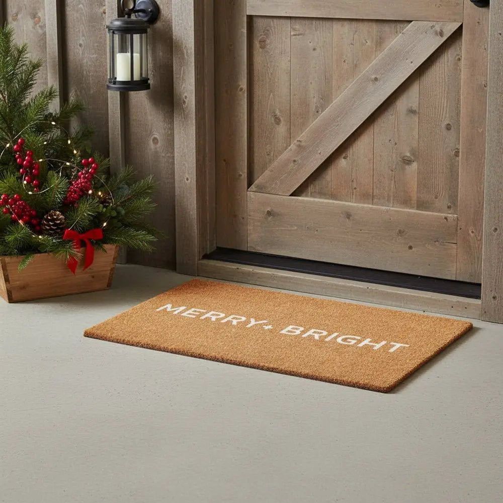 17" X 29" Brown And Black Christmas Merry and Bright Outdoor Coir Door Mat - NOVA HOME FURNITURE
