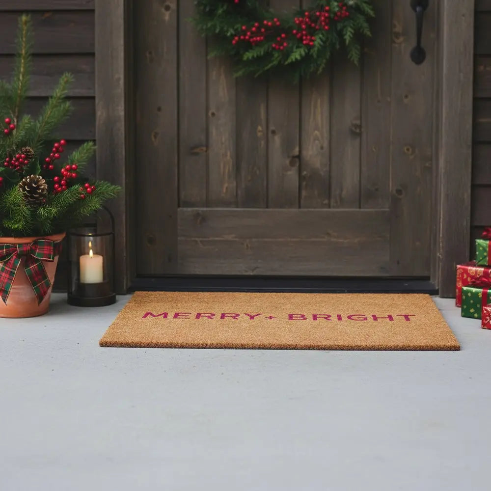 17" X 29" Brown And Black Christmas Merry and Bright Outdoor Coir Door Mat - NOVA HOME FURNITURE