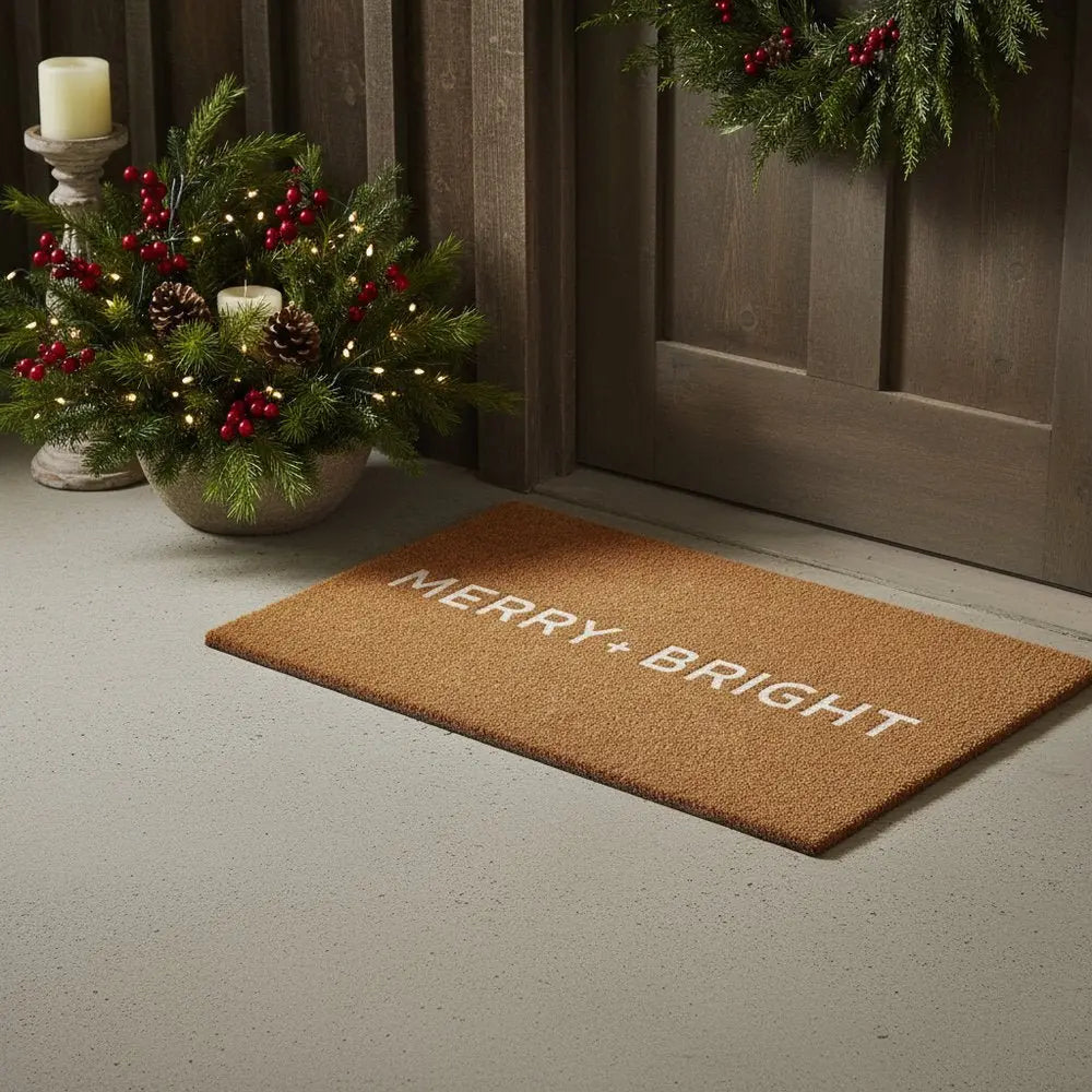17" X 29" Brown And Black Christmas Merry and Bright Outdoor Coir Door Mat - NOVA HOME FURNITURE
