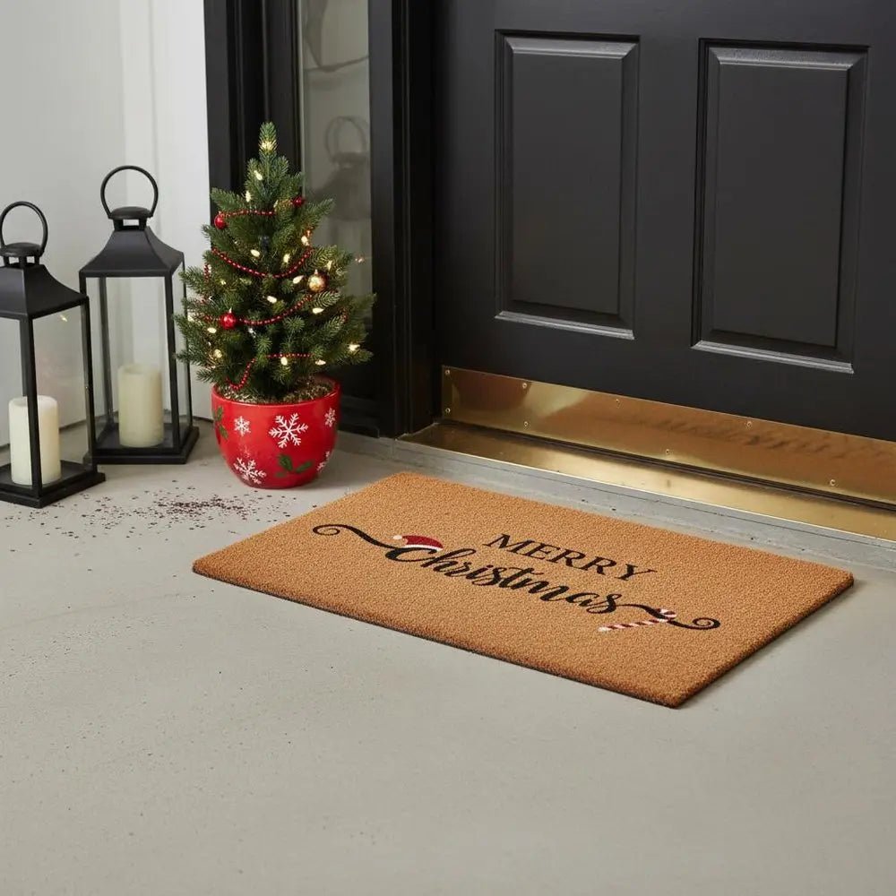 17" X 29" Brown And Black Christmas Merry Christmas Outdoor Coir Door Mat - NOBLE HOME INTERIORS