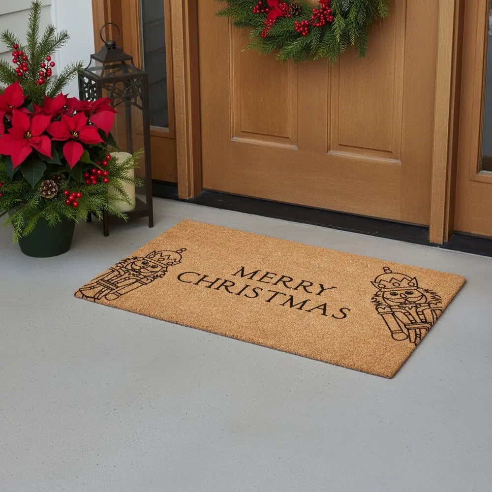 17" X 29" Brown And Black Merry Christmas Outdoor Coir Door Mat - NOVA HOME FURNITURE