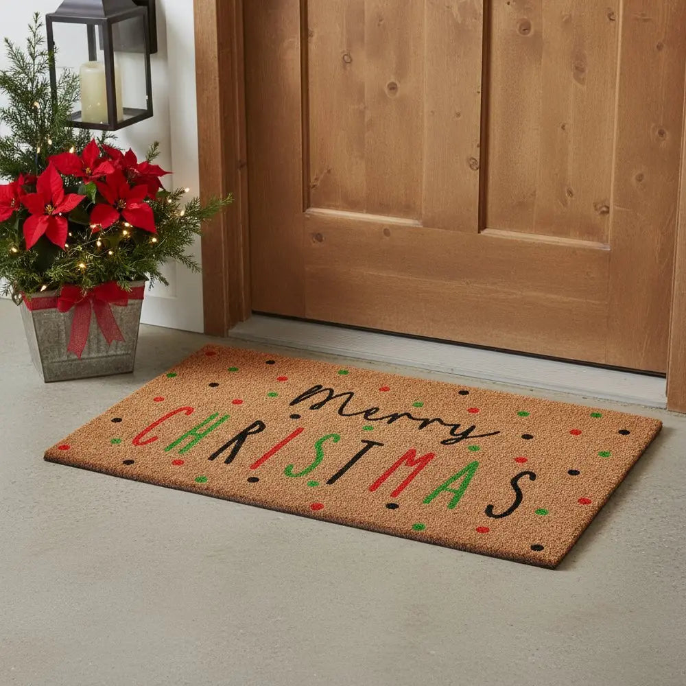 17" X 29" Brown Black And Green Merry Christmas Outdoor Coir Door Mat - NOVA HOME FURNITURE