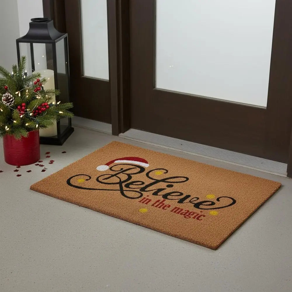 17" X 29" Brown Black And Red Christmas Believe Outdoor Coir Door Mat - NOBLE HOME INTERIORS