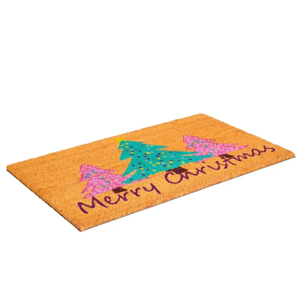 17" X 29" Brown Green And Pink Christmas Trees Merry Christmas Outdoor Coir Door Mat - NOVA HOME FURNITURE