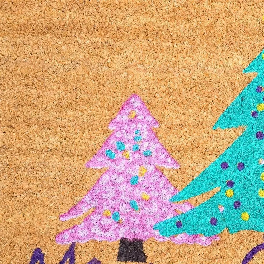 17" X 29" Brown Green And Pink Christmas Trees Merry Christmas Outdoor Coir Door Mat - NOVA HOME FURNITURE