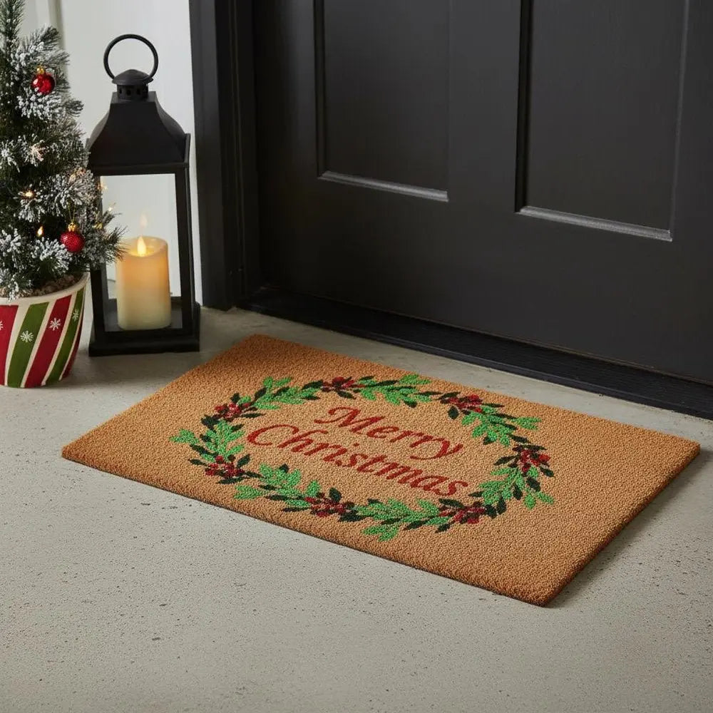 17" X 29" Brown Red And Dark Green Christmas Merry Christmas Outdoor Coir Door Mat - NOBLE HOME INTERIORS
