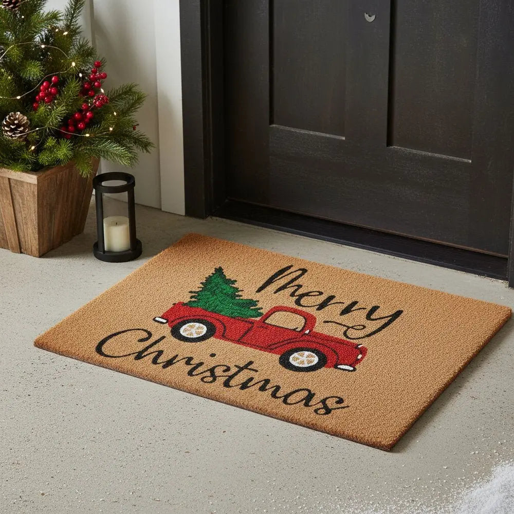 17" X 29" Brown Red And Green Christmas Merry Christmas Outdoor Coir Door Mat - NOVA HOME FURNITURE