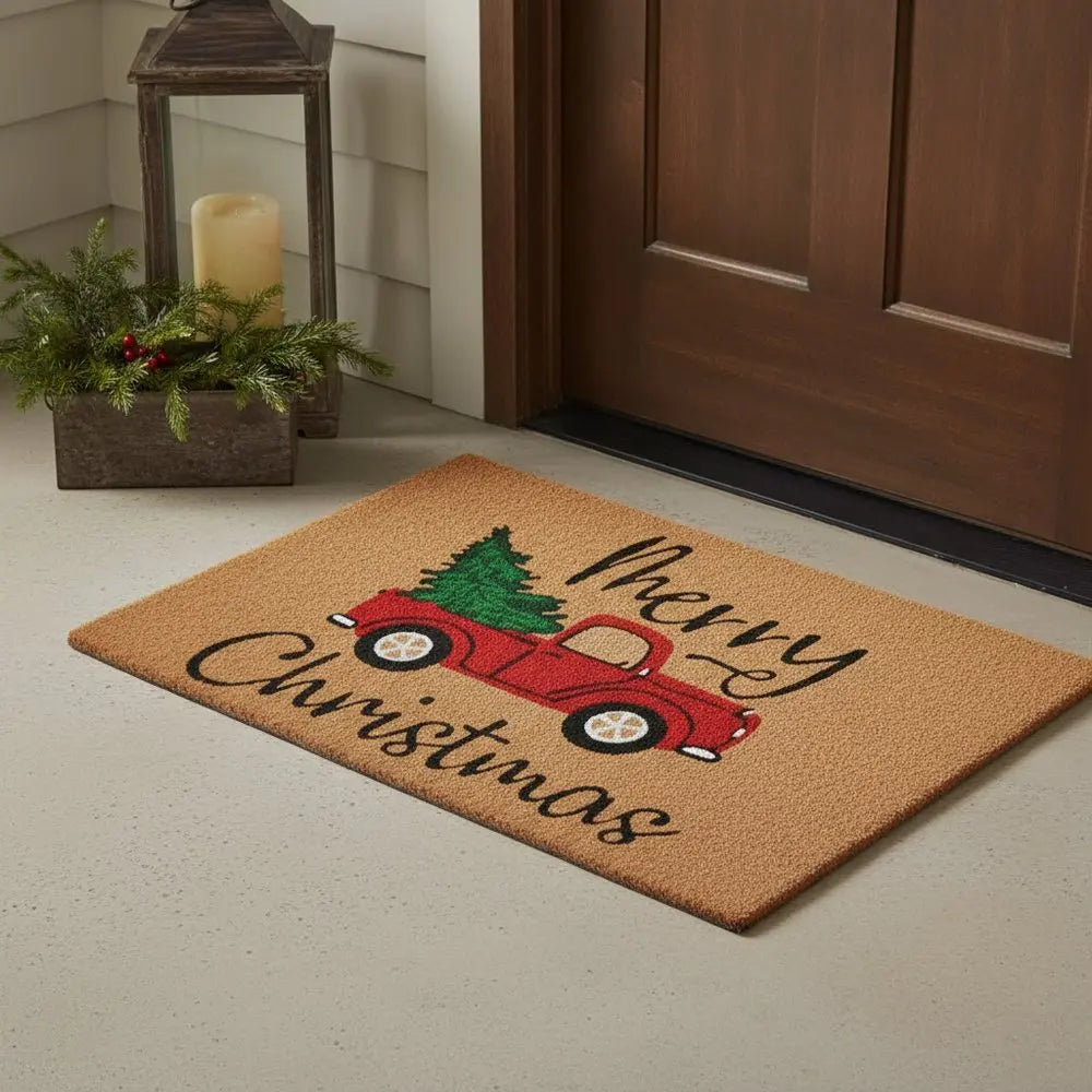 17" X 29" Brown Red And Green Christmas Merry Christmas Outdoor Coir Door Mat - NOVA HOME FURNITURE