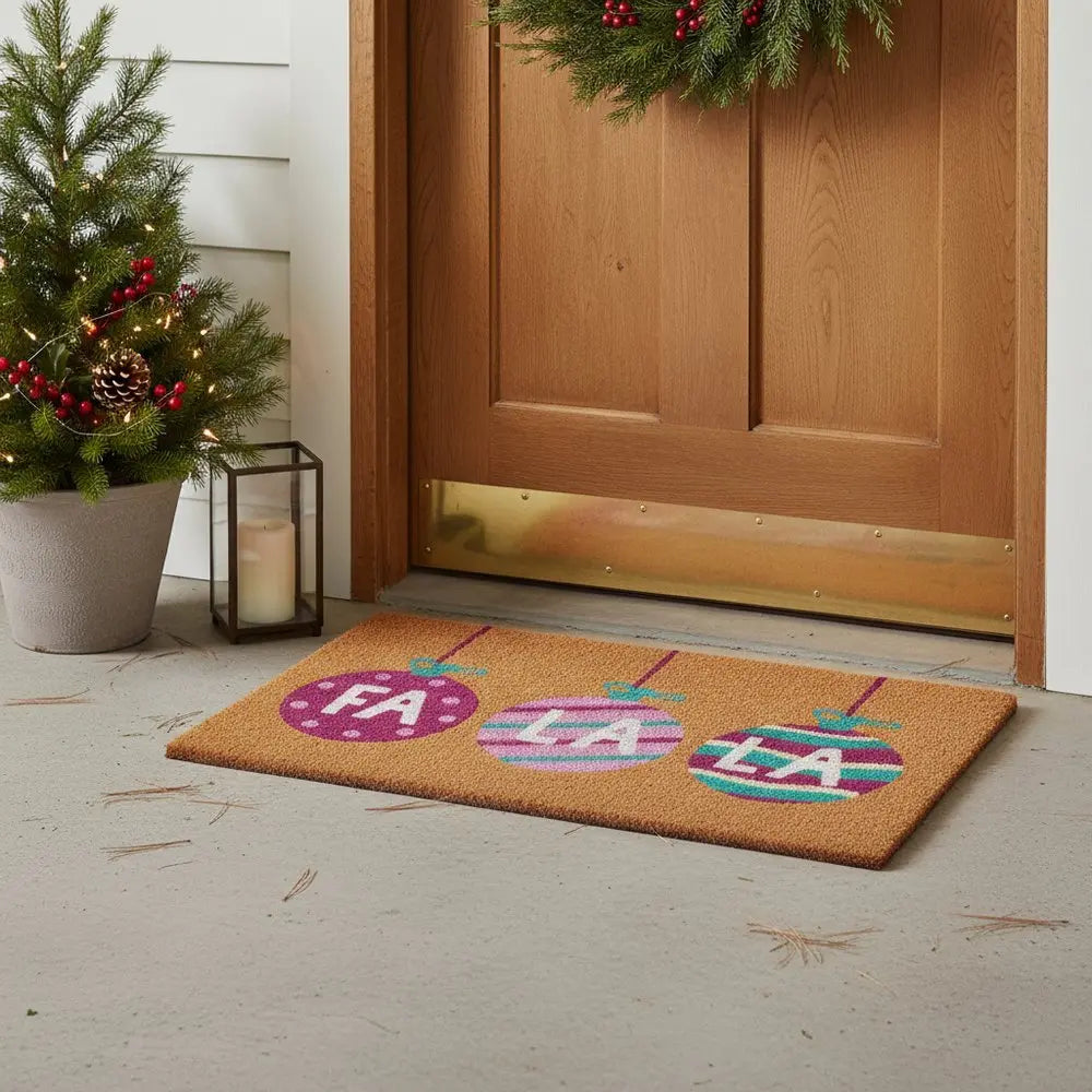 17" X 29" Brown White And Pink Christmas Outdoor Coir Door Mat - NOVA HOME FURNITURE