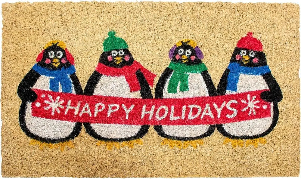 17" X 29" Brown White And Red Christmas Happy Holidays Outdoor Coir Door Mat - NOVA HOME FURNITURE