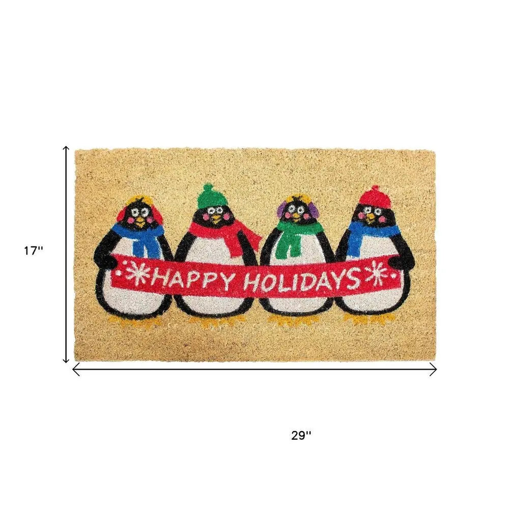 17" X 29" Brown White And Red Christmas Happy Holidays Outdoor Coir Door Mat - NOVA HOME FURNITURE