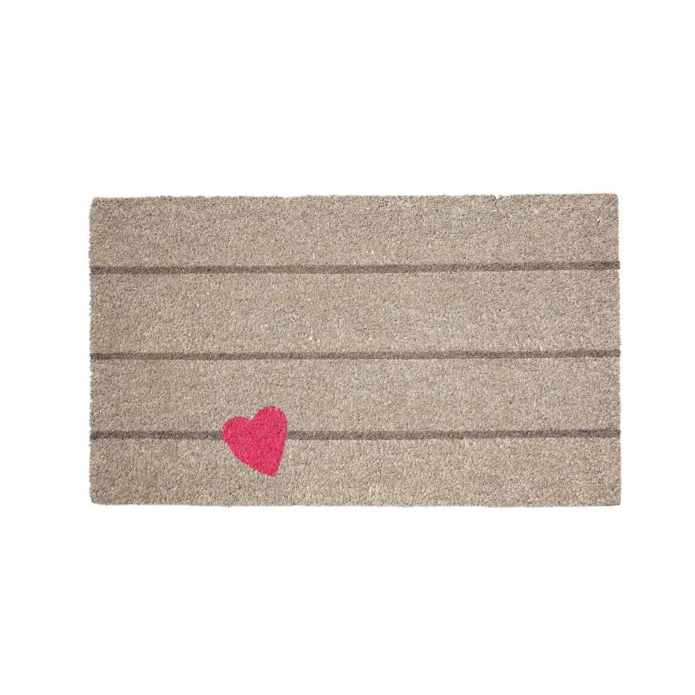 17" X 29" Gray and Pink Coir Heart and Stripe Outdoor Door Mat - NOBLE HOME INTERIORS