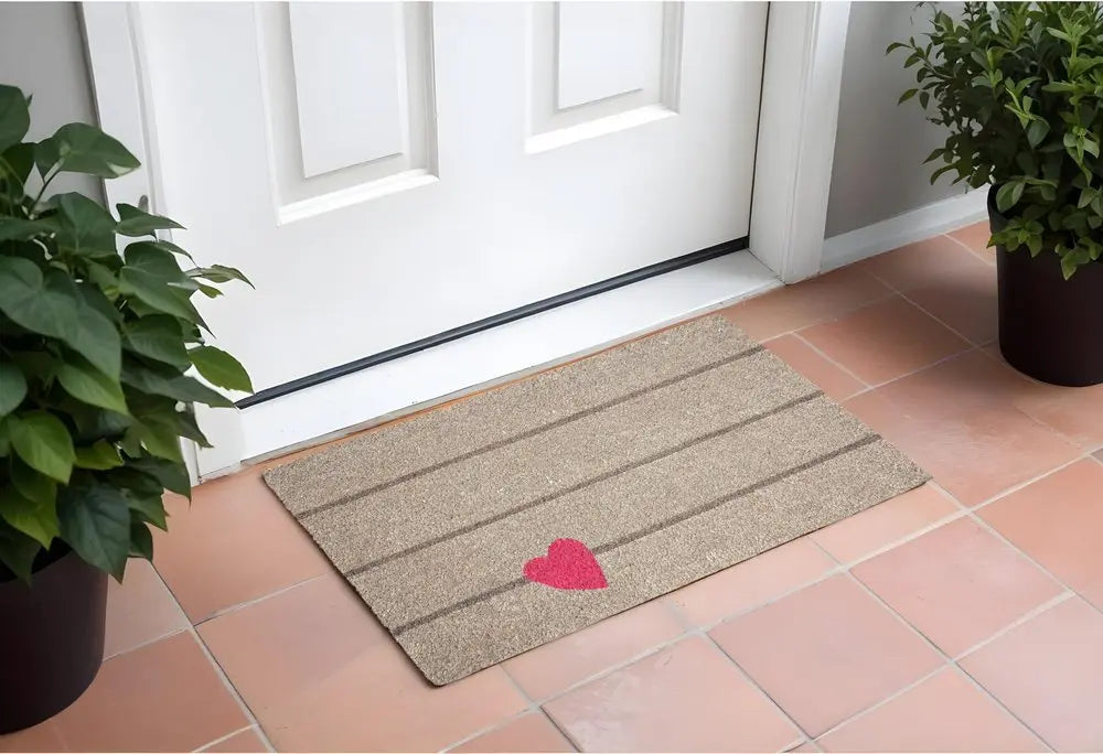 17" X 29" Gray and Pink Coir Heart and Stripe Outdoor Door Mat - NOBLE HOME INTERIORS