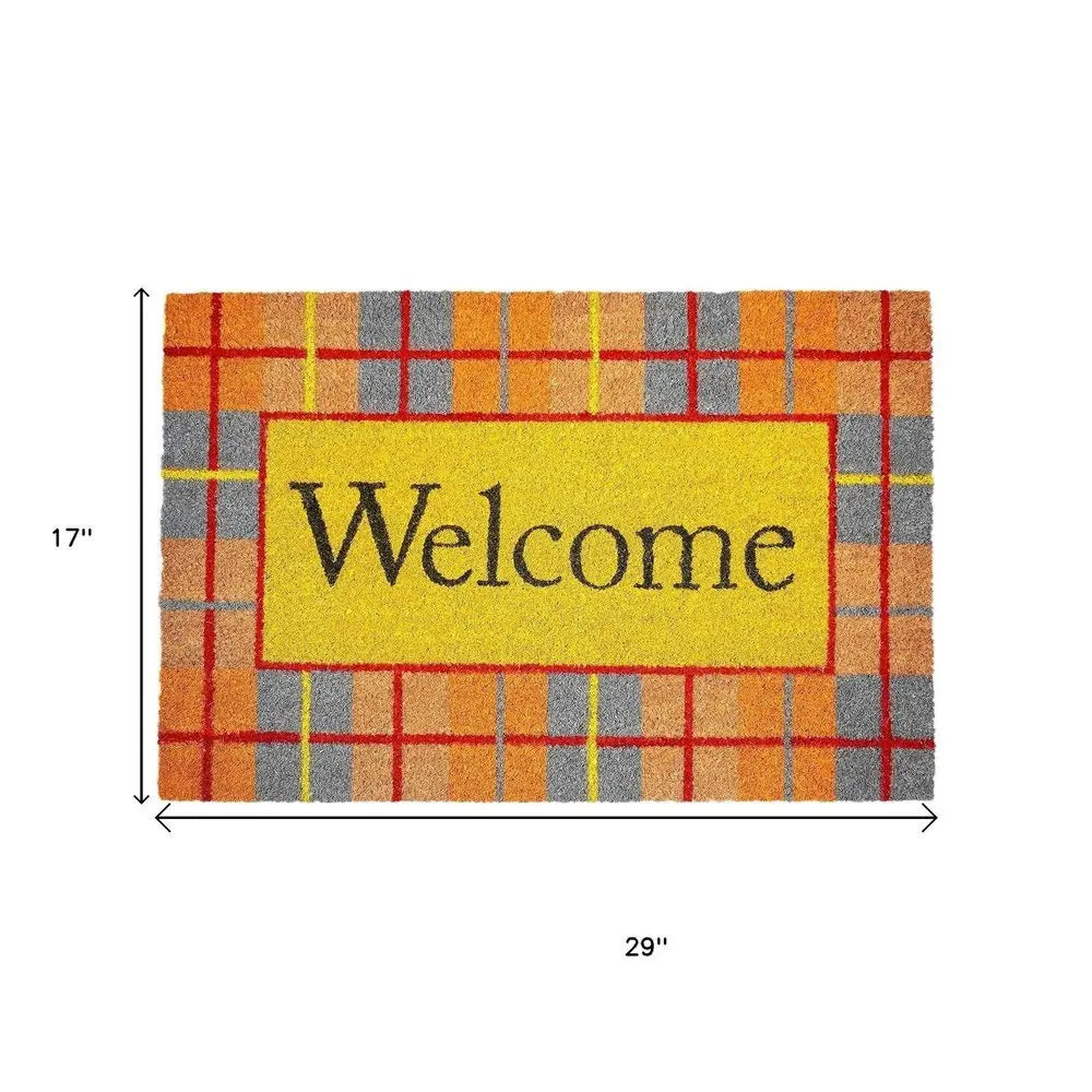 17" X 29" Gray Natural Orange And Yellow Fall Plaid Welcome Outdoor Coir Door Mat - NOVA HOME FURNITURE