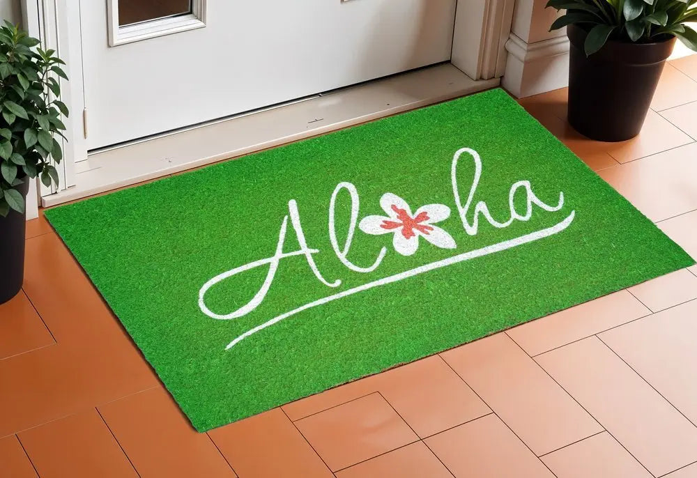 17" X 29" Green And White Aloha Outdoor Coir Door Mat - NOBLE HOME INTERIORS