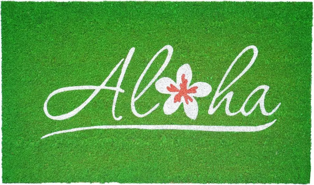 17" X 29" Green And White Aloha Outdoor Coir Door Mat - NOBLE HOME INTERIORS