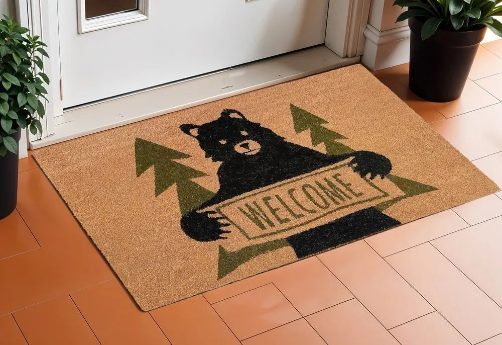 17" X 29" Natural And Black Coir Bear Outdoor Door Mat - NOBLE HOME INTERIORS