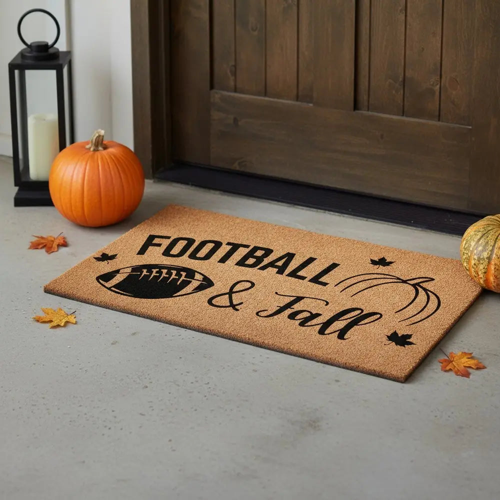 17" X 29" Natural And Black Football Fall Outdoor Coir Door Mat - NOVA HOME FURNITURE