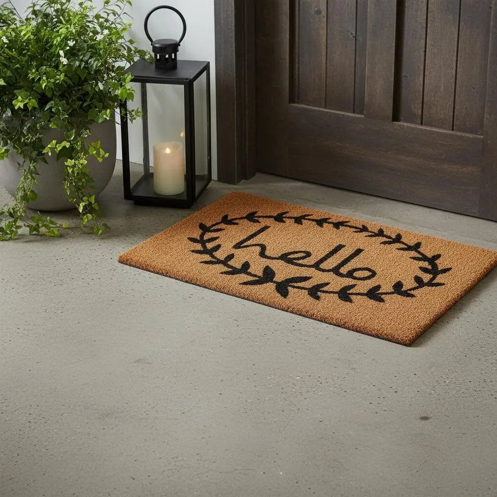 17" X 29" Natural And Black Hello Outdoor Coir Door Mat - NOBLE HOME INTERIORS