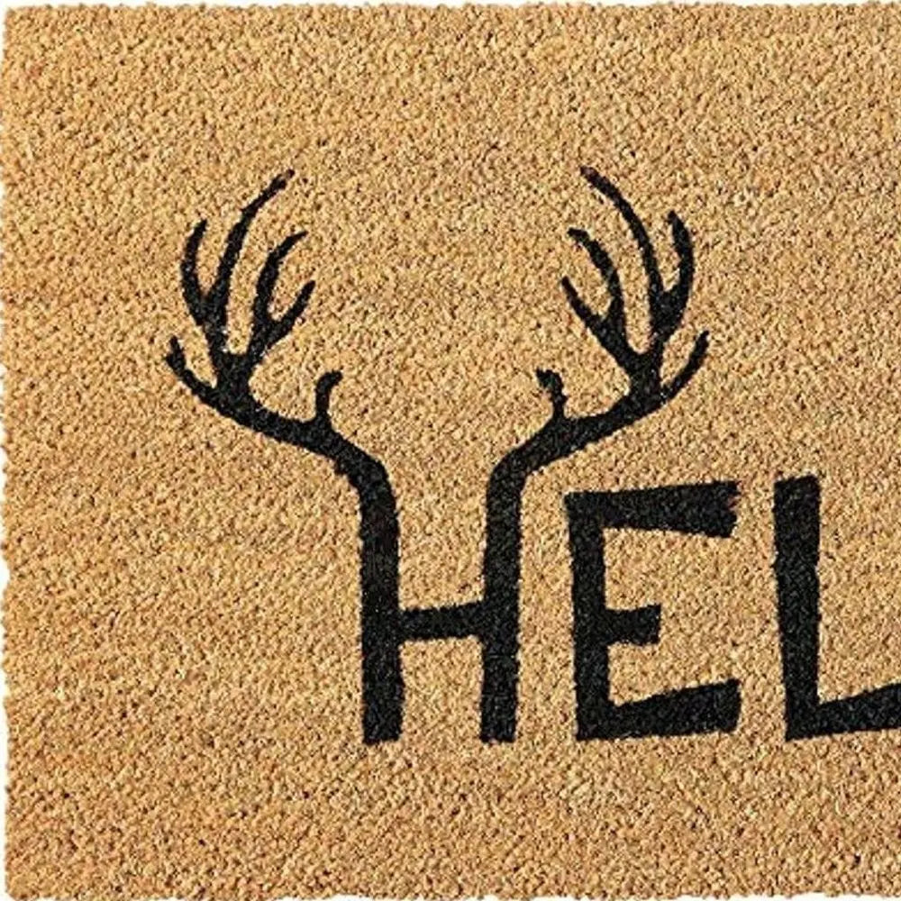 17" X 29" Natural And Black Hello With Antlers Coir Outdoor Door Mat - NOBLE HOME INTERIORS